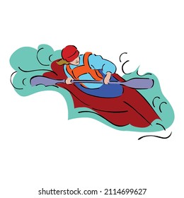Tourist paddle in kayak. Active recreation and sports rivers and lakes. Man life jacket paddles one seater canoe through water. Extreme rafting along mountain river flow. Vector flat concept isolated