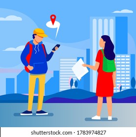 Tourist with paper map asking destination. Man explaining way to woman, using location app on cell flat vector illustration. Navigation, travel concept for banner, website design or landing web page