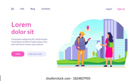 Tourist with paper map asking destination. Man explaining way to woman, using location app on cell flat vector illustration. Navigation, travel concept for banner, website design or landing web page