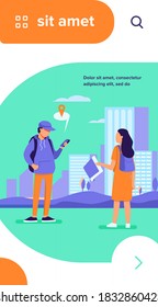 Tourist with paper map asking destination. Man explaining way to woman, using location app on cell flat vector illustration. Navigation, travel concept for banner, website design or landing web page