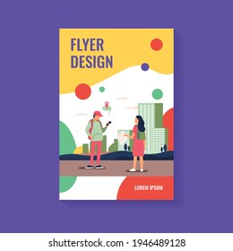 Turista con mapa de papel que pide destino. Hombre explicando el camino a la mujer, usando la aplicación de ubicación en la ilustración de vector plana celular. Navegación, concepto de viaje para banner, diseño de sitio web o página web de aterrizaje