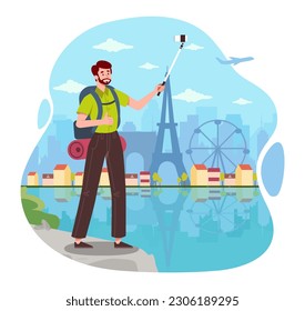 Tourist in Paris. Man with backpack and smartphone makes selfie against backdrop of Eiffel Tower and Ferris wheel. International travel and trip to landmark. Cartoon flat vector illustration