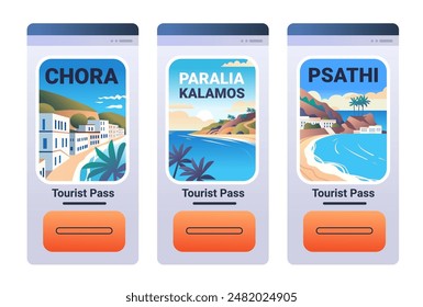 Tourist pass app screens with scenic landscapes coastal towns beaches and palm trees travel concept