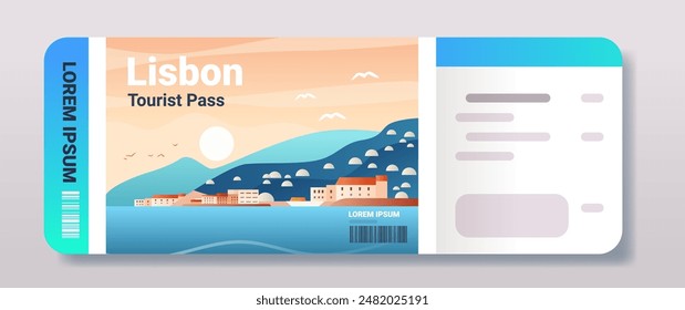 Touristenpass-Design mit Küstenstadtbild Sonnenuntergang Gebirge Gebäude Vögel Barcode im flachen Stil