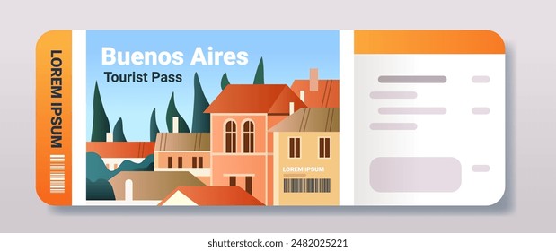 Tourist pass ticket with colorful cityscape buildings trees and barcode modern design travel theme