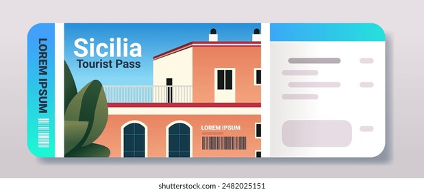 Tourist pass ticket design featuring a Mediterranean-style house with windows and balcony leafy plants and a clear sky background