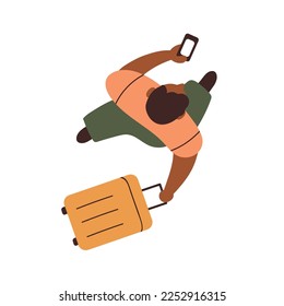 Turista, pasajero caminando con maletas para el interior, vista arriba hacia abajo. Un hombre de cabeza que viaja, que va con el teléfono móvil, que saca maleta, equipaje. Ilustración vectorial plana aislada en fondo blanco