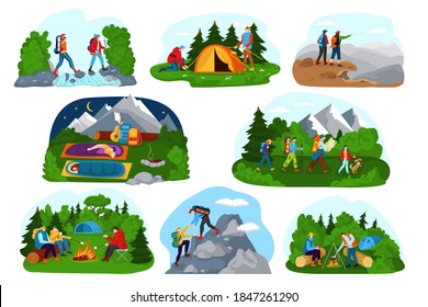 Tourist people camping, outdoor adventure vector illustration set. Cartoon active flat camper characters with backpack hiking, hikers trekking and climbing, cooking food on campfire isolated on white