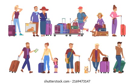 Tourist people characters. Sightseeing travelling, young family in tour with luggage and backpack. Woman man vacation, cartoon tourism decent vector set