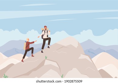 Tourist people climb mountain vector illustration. Cartoon man woman climbers with backpack climbing cliff, hikers characters explore rock mountains, nature sport outdoor expedition scene background