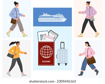 Tourist People Cruise ship Summer vacation Sea cruise Voyage concept. Man Woman Adventure Tourism Luggage Ticket Passport Travel transport concept. Weekend Trip Vector illustration