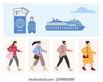 Tourist People Cruise ship Summer vacation Sea cruise Voyage concept. Man Woman Adventure Tourism Luggage Ticket Passport Travel transport concept. Weekend Trip Vector illustration