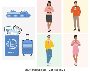 Tourist People Cruise ship Summer vacation Sea cruise Voyage concept. Man Woman Adventure Tourism Luggage Ticket Passport Travel transport concept. Weekend Trip Vector illustration