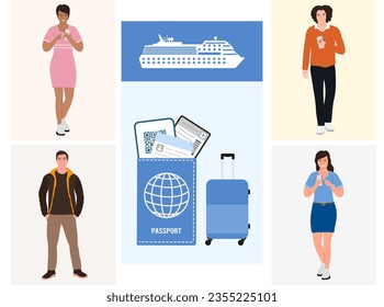 Tourist People Cruise ship Summer vacation Sea cruise Voyage concept. Man Woman Adventure Tourism Luggage Ticket Passport Travel transport concept. Weekend Trip Vector illustration