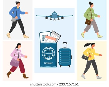 Tourist People Summer vacation Man Woman Adventure Tourism Plane Luggage Air ticket Passport Travel transport concept. Weekend Trip Vector illustration