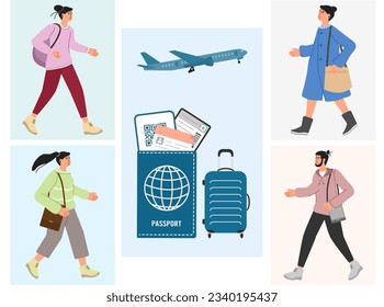 Tourist People Summer vacation Man Woman Adventure Tourism Plane Luggage Air ticket Passport Travel transport concept. Weekend Trip Vector illustration