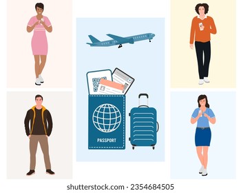 Tourist People Summer vacation Man Woman Adventure Tourism Plane Luggage Air ticket Passport Travel transport concept. Weekend Trip Vector illustration