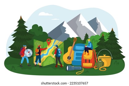 Personas turísticas, pequeños personajes viajan juntos en camping al aire libre, mochila de bosque, ilustración vectorial plana, aislados en blanco.