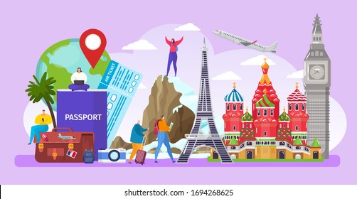 Tourist people travel around world vector illustration. Cartoon active flat tiny man woman characters with bag or suitcase traveling on sightseeing tour. Vacation adventure tourism concept background