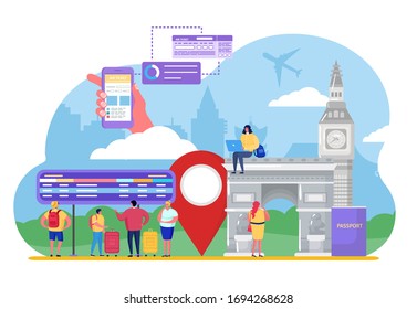 Tourist people travel by airplane vector illustration. Cartoon flat tiny man woman character buy airline ticket online, standing near flight time table. Vacation tourism concept isolated on white
