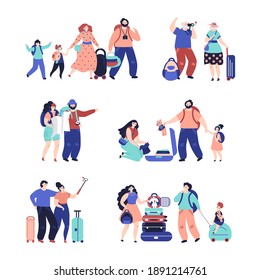 Tourist people. Travel couple, isolated travellers with luggage. Vacation person selfie, happy family with decent suitcase vector characters