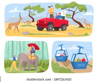 Tourist people travel in tour vector illustration set. Cartoon flat traveler characters make photo of savanna animals, riding elephants or cable car. Exotic safari tourism collection isolated on white