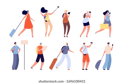 Tourist people. Traveler characters, adult travelling with bags. Isolated youngs man, woman with camera and suitcase or luggage vector set