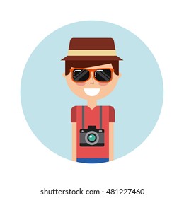 tourist person with camera photographic vector illustration design