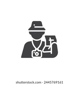 Tourist person vector icon. filled flat sign for mobile concept and web design. Tourist with a camera and map glyph icon. Traveler symbol, logo illustration. Vector graphics