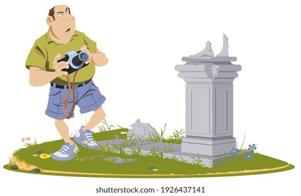 Tourist with photo camera on ancient ruins. Illustration for internet and mobile website. Funny people. Stock illustration.