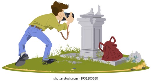 Tourist with photo camera on ancient ruins. Illustration for internet and mobile website. Funny people. Stock illustration.