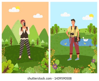 Tourist with photo camera, vector man photographer in trousers and shirt, bag on shoulder. Green scenery with pond and swans, forest with trees and lake