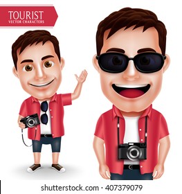 Tourist Photographer Man Vector Character Wearing Casual Holding Camera and Waving Hand for Travel and Hiking Isolated in White Background. Vector Characters Set
