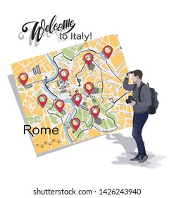 Tourist photographer and map of Rome. Welcome to Italy. Planning to move using location markers on the map. Tourist poster.