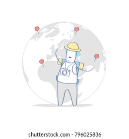 Tourist photographer travel. Cute concept of the world adventure travel. Journey, tour, trip, tourist with globe map and geo pins, trip global tour illustration. Cute happy tourist with backpack