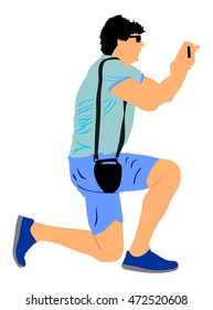 Tourist photographer vector illustration isolated on white background. Mature senior man take a photo on the street.