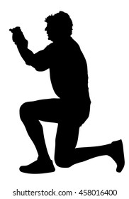 Tourist photographer vector silhouette illustration isolated on white background. Mature man take a photo on the street. Senior traveler capture good photography.  Person made photo with mobile phone.