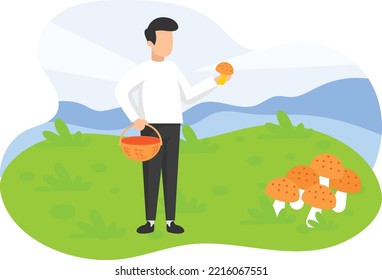 Tourist picking mushrooms from Garden Concept, Autumn Season picking chanterelles fungus vector icon design, Outdoor weekend Activity symbol, Tourist Holiday Scene Sign, Happy people at Vacation stock