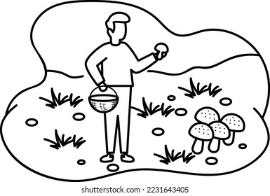 Tourist picking mushrooms from Garden Concept, Autumn Season picking chanterelles fungus vector outline icon design, Outdoor weekend Activity symbol, Tourist Holiday Scene Sign, Happy people at Vacati