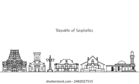 Tourist places and architectural monuments that attract tourists to the Seychelles. Panorama of the streets of the island state. Vector illustration.