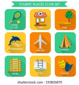 Tourist places decorative icons set of airport camping hotel isolated vector illustration