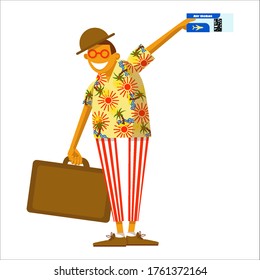 tourist with a plane ticket and a suitcase in his hands, in a Hawaiian shirt, joyful flies away on vacation, vector illustration