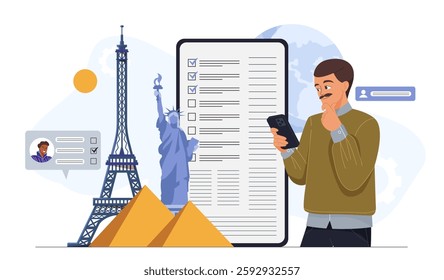 Tourist planning travel. Man with smartphone near clipboard, pyramids, Statue of Liberty and Eiffel Tower. Holiday and vacation, travel and tourism. Flat vector illustration