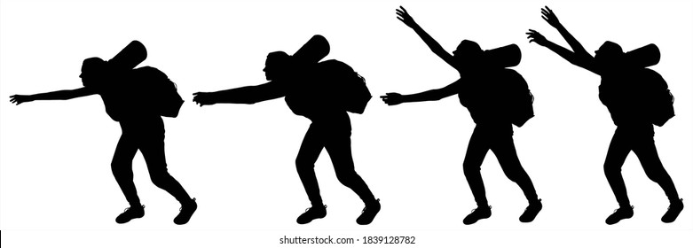 Tourist in a pose: asks for help. Girl with a backpack behind back and tourist rug. Woman bent down and stretched her arms forward, up. Four black female silhouettes are isolated on a white background