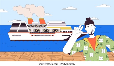 Tourist posing in front of cruise ship cartoon flat illustration. Selfie taking traveler caucasian man on pier 2D line character colorful background. Waterfront boat scene vector storytelling image