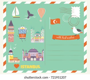 Tourist postcard with famous destinations and landmarks of Istanbul. Explore Istanbul concept image