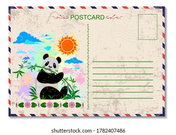 Tourist postcard. Greeting card with panda