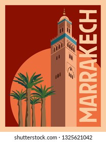 Tourist Postcard Marrakesh. Old tower and palm trees against the sunset sky and sun. Vector graphics