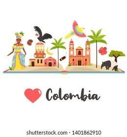 Tourist poster with famous destinations and landmarks of Colombia. Explore Colombia concept image. For banner, travel guides