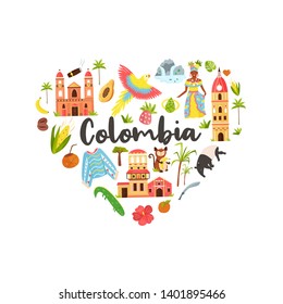 Tourist poster with famous destinations and landmarks of Colombia. Explore Colombia concept image. For banner, travel guides